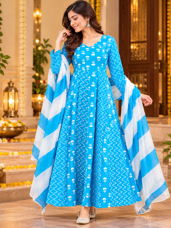 Sky Blue Floral & Zigzag Print Cotton Blend Anarkali Suit Set With Dupatta