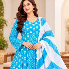 Sky Blue Floral & Zigzag Print Cotton Blend Anarkali Suit Set With Dupatta