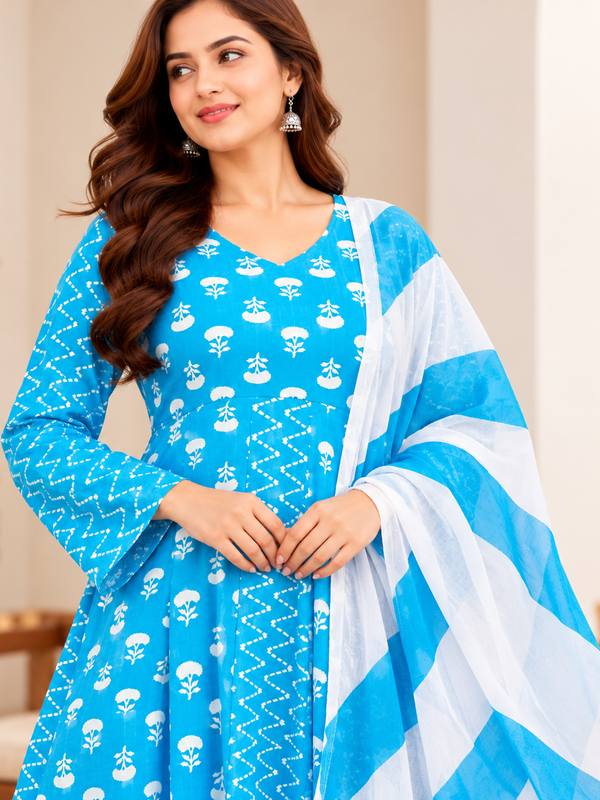 Sky Blue Floral & Zigzag Print Cotton Blend Anarkali Suit Set With Dupatta