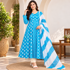 Sky Blue Floral & Zigzag Print Cotton Blend Anarkali Suit Set With Dupatta
