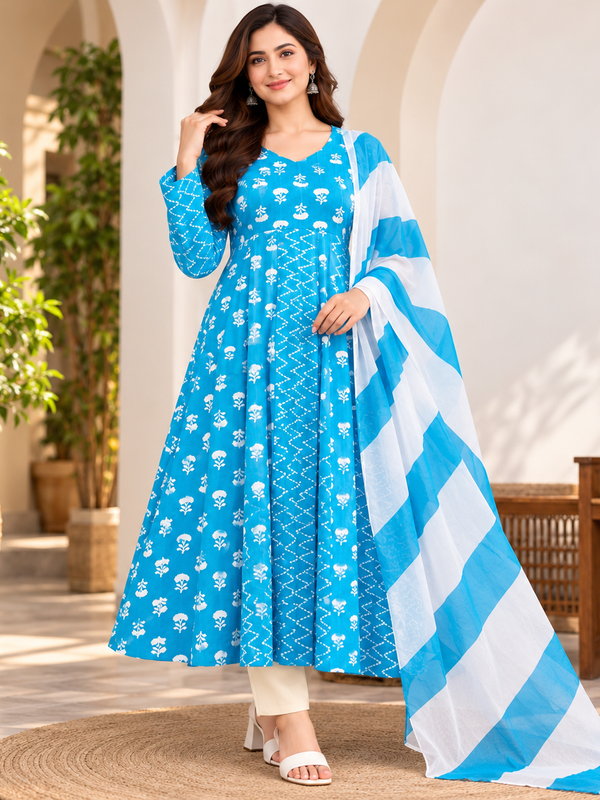 Sky Blue Floral & Zigzag Print Cotton Blend Anarkali Suit Set With Dupatta