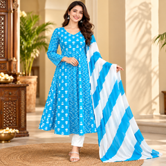 Sky Blue Floral & Zigzag Print Cotton Blend Anarkali Suit Set With Dupatta