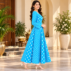 Sky Blue Floral & Zigzag Print Cotton Blend Anarkali Suit Set Without Dupatta