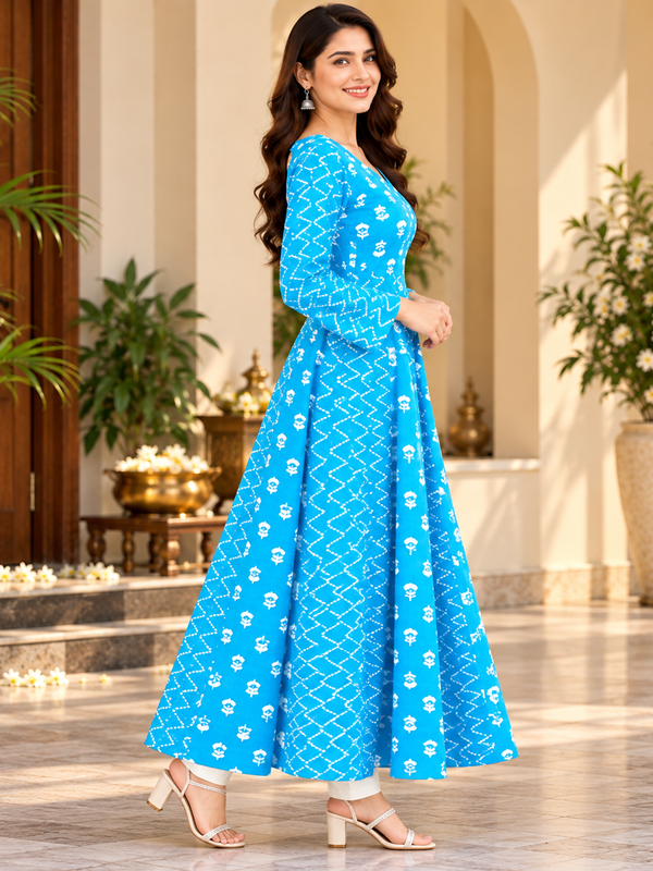 Sky Blue Floral & Zigzag Print Cotton Blend Anarkali Suit Set Without Dupatta