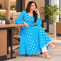 Sky Blue Floral & Zigzag Print Cotton Blend Anarkali Suit Set Without Dupatta