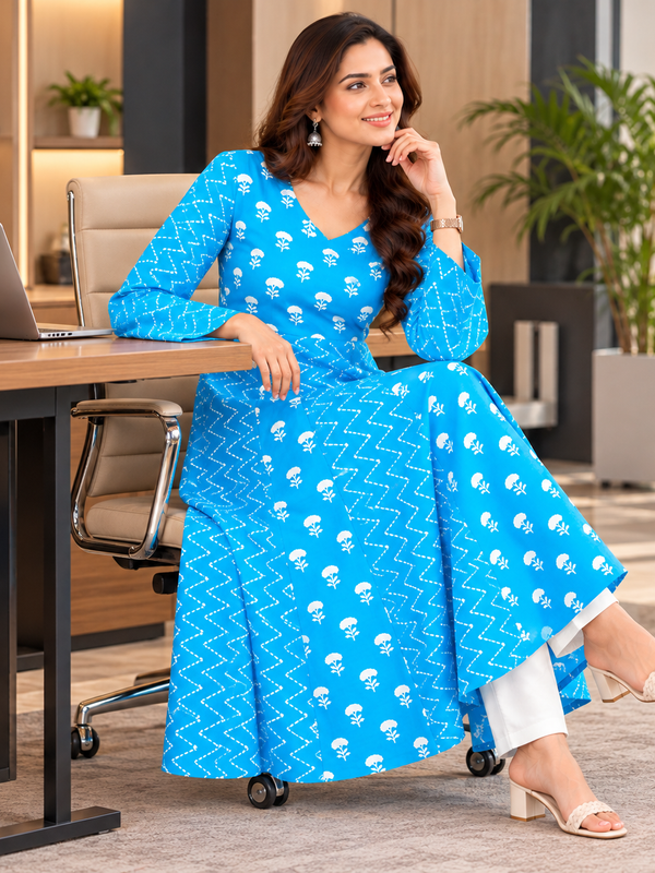Sky Blue Floral & Zigzag Print Cotton Blend Anarkali Suit Set Without Dupatta