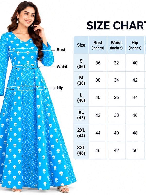 Sky Blue Floral & Zigzag Print Cotton Blend Anarkali Suit Set Without Dupatta