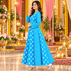 Sky Blue Floral & Zigzag Print Cotton Blend Anarkali Suit Set Without Dupatta