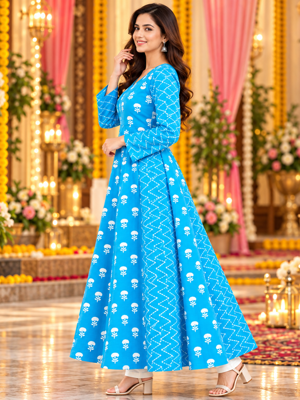 Sky Blue Floral & Zigzag Print Cotton Blend Anarkali Suit Set Without Dupatta