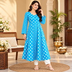 Sky Blue Floral & Zigzag Print Cotton Blend Anarkali Suit Set Without Dupatta