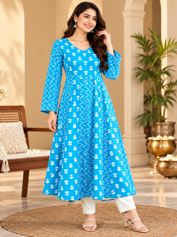 Sky Blue Floral & Zigzag Print Cotton Blend Anarkali Suit Set Without Dupatta