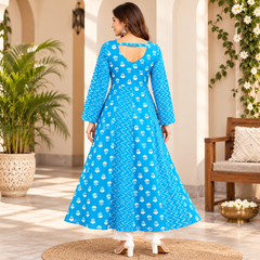 Sky Blue Floral & Zigzag Print Cotton Blend Anarkali Suit Set Without Dupatta