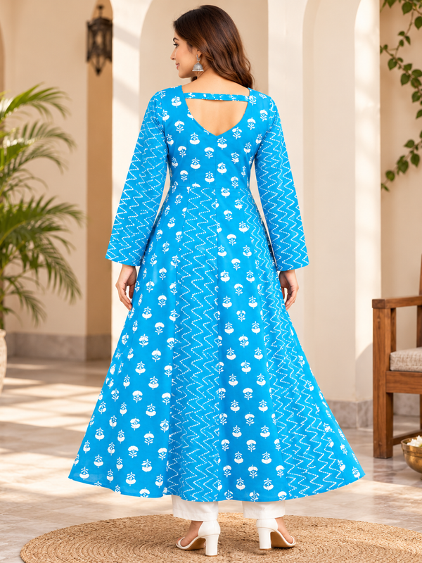 Sky Blue Floral & Zigzag Print Cotton Blend Anarkali Suit Set Without Dupatta