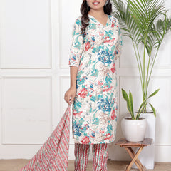 Classic Cotton Teal Green Floral Printed Kurta Set