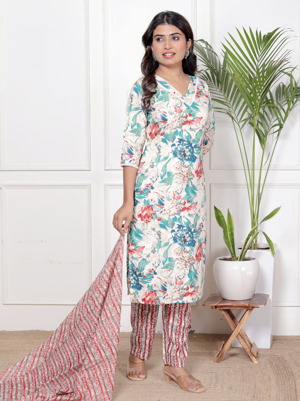 Classic Cotton Teal Green Floral Printed Kurta Set