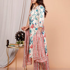 Classic Cotton White Pink Floral Printed Kurta Set