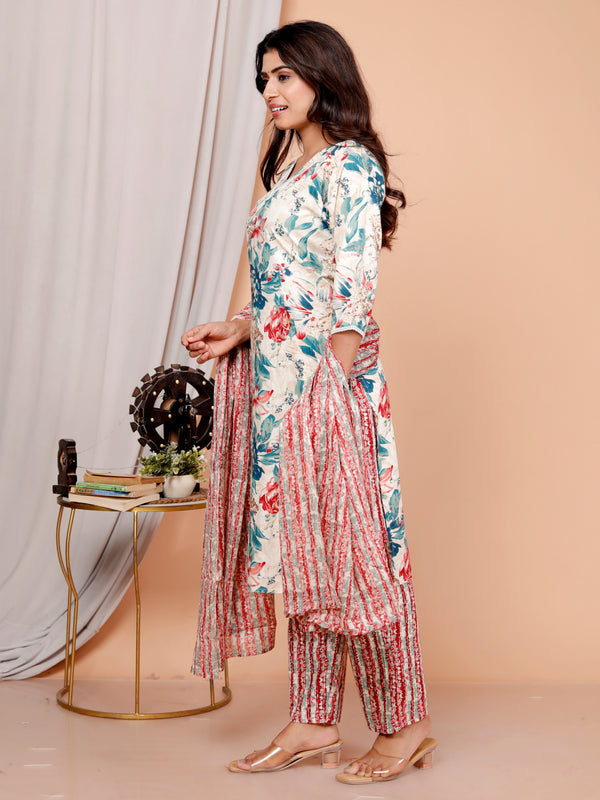 Classic Cotton White Pink Floral Printed Kurta Set