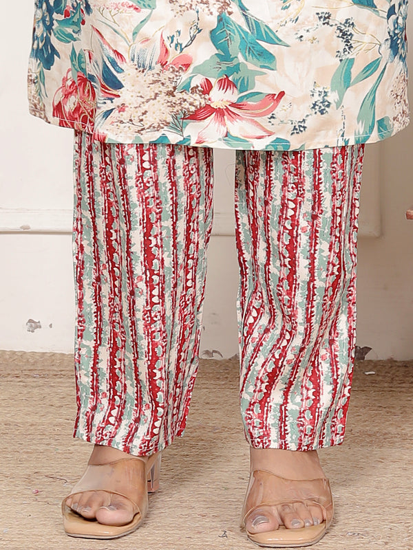 Classic Cotton White Pink Floral Printed Kurta Set