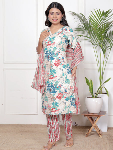 Classic Cotton White Pink Floral Printed Kurta Set
