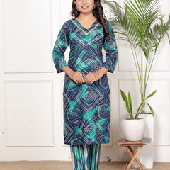Classic Cotton Teal Green Floral Printed Kurta Set