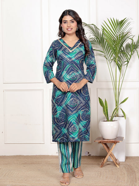 Women's Teal Green Floral Print Rayon Cotton Blend Kurta, Palazzo & Dupatta Set