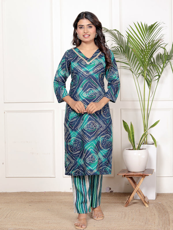 Classic Cotton Teal Green Floral Printed Kurta Set