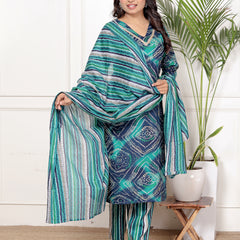 Classic Cotton Teal Green Floral Printed Kurta Set