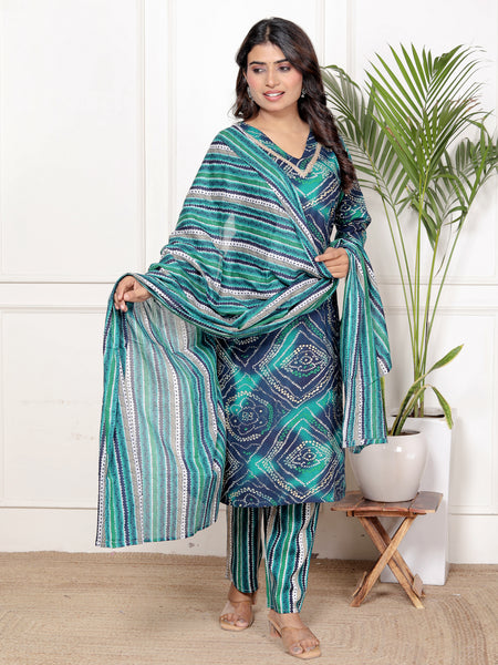 Classic Cotton Teal Green Floral Printed Kurta Set
