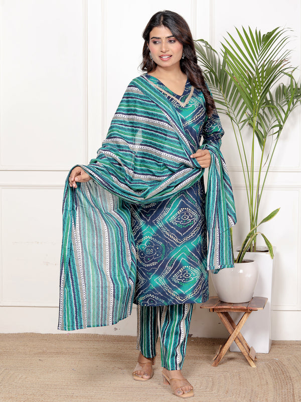 Classic Cotton Teal Green Floral Printed Kurta Set