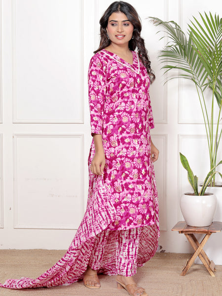 Classic Cotton Bright Pink Floral Printed Kurta Set