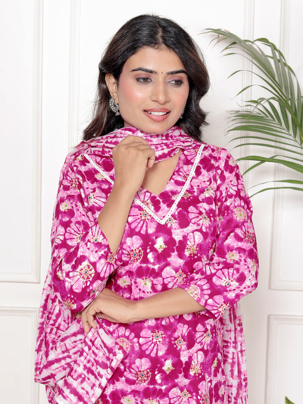 Classic Cotton Bright Pink Floral Printed Kurta Set