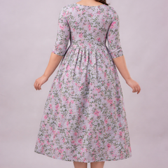 Women's Cotton Grey Floral Maternity Feeding Dress with Zipper