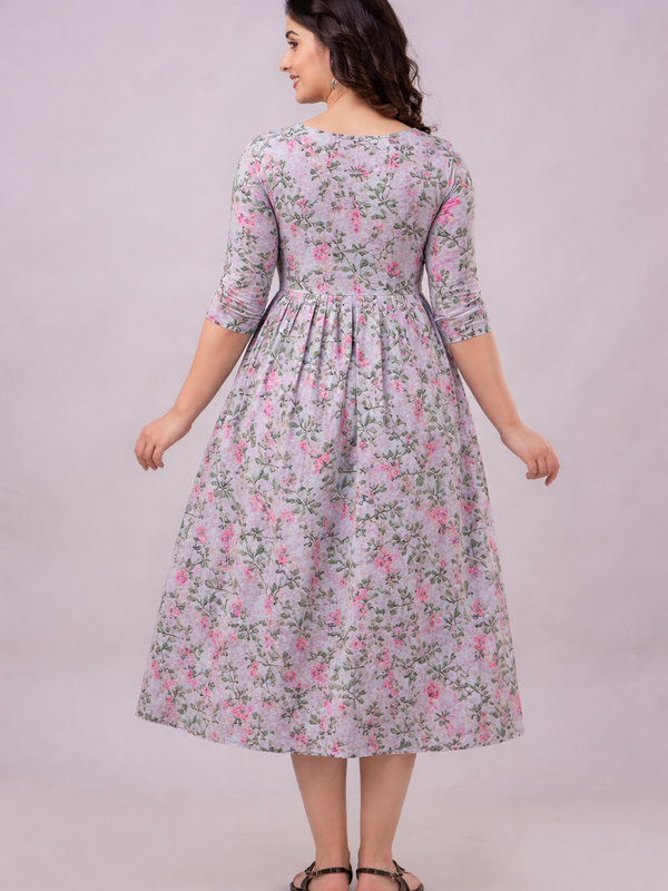 Women's Cotton Grey Floral Maternity Feeding Dress with Zipper
