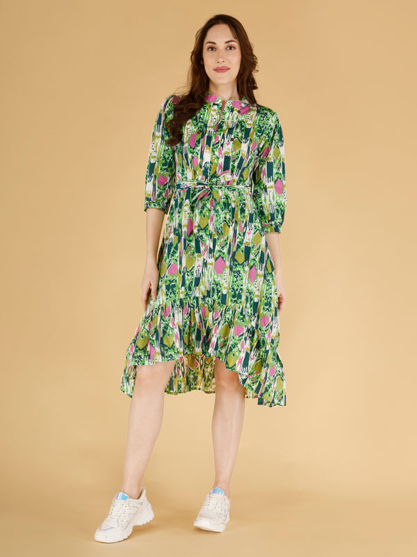 Printed Multicolor Cotton Blend Ethnic Frill Dress