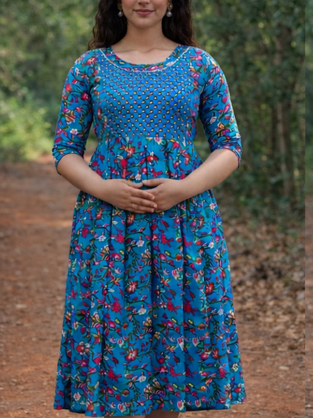 Women's Cotton Floral Maternity Feeding Dress with Zipper