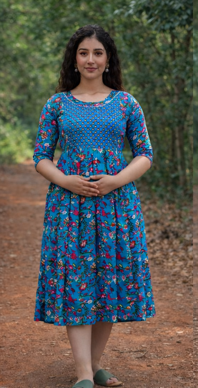 Women's Cotton Floral Maternity Feeding Dress with Zipper