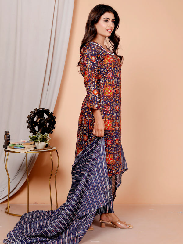 Classic Cotton Orange Blue Floral Printed Kurta Set