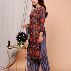 Classic Cotton Orange Blue Floral Printed Kurta Set