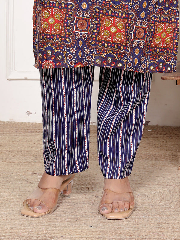 Classic Cotton Orange Blue Floral Printed Kurta Set