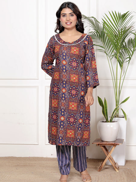 Women's Orange & Blue Floral Print Rayon Cotton Blend Kurta, Palazzo & Dupatta Set