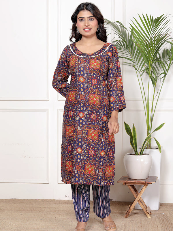 Classic Cotton Orange Blue Floral Printed Kurta Set