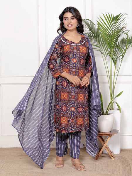 Classic Cotton Orange Blue Floral Printed Kurta Set