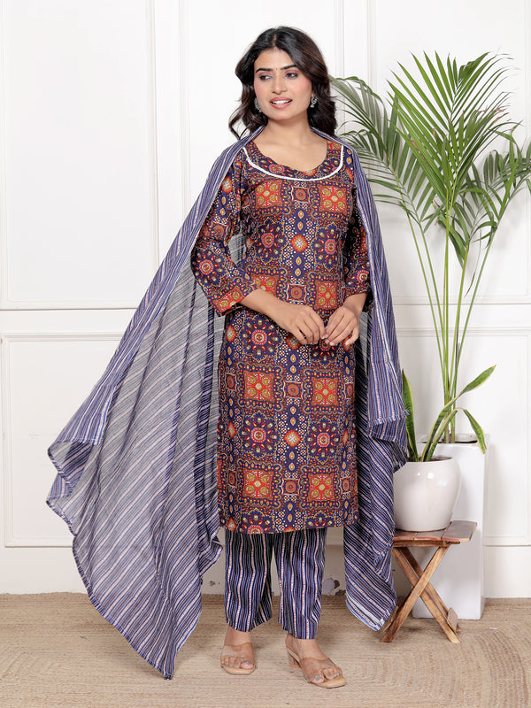 Classic Cotton Orange Blue Floral Printed Kurta Set