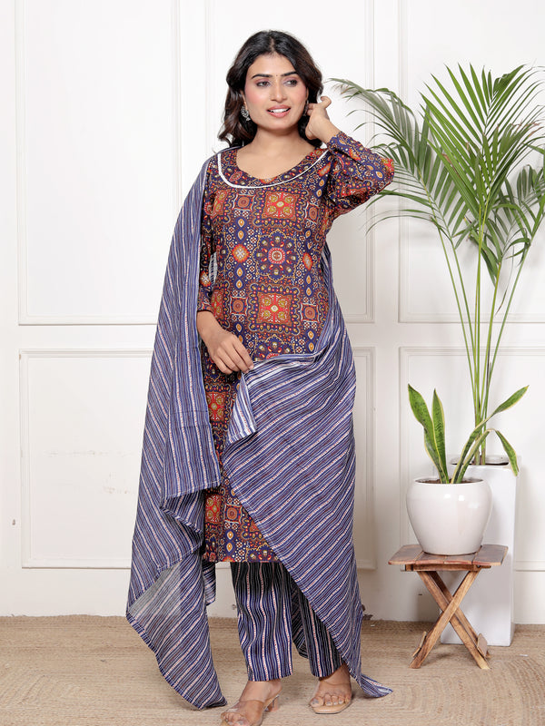 Classic Cotton Orange Blue Floral Printed Kurta Set