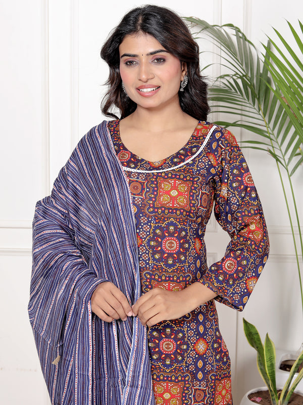 Classic Cotton Orange Blue Floral Printed Kurta Set