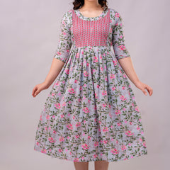 Women's Cotton Grey Floral Maternity Feeding Dress with Zipper
