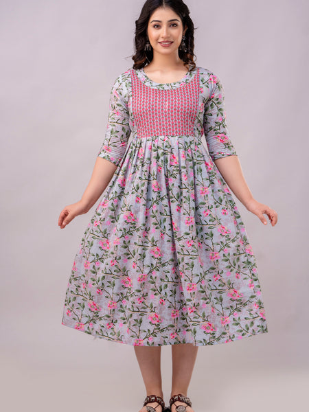 Women's Cotton Grey Floral Maternity Feeding Dress with Zipper