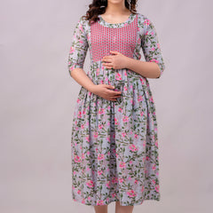Women's Cotton Grey Floral Maternity Feeding Dress with Zipper