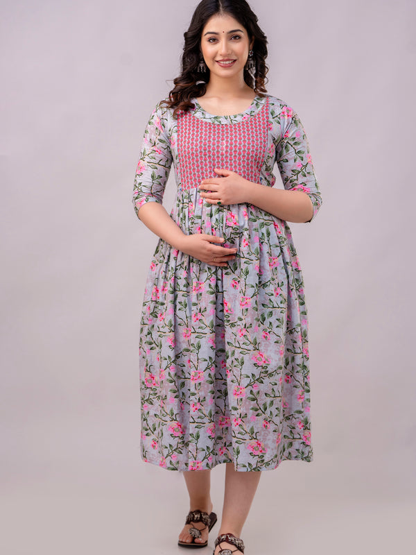 Women's Cotton Grey Floral Maternity Feeding Dress with Zipper