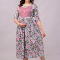 Women's Cotton Grey Floral Maternity Feeding Dress with Zipper